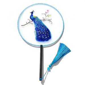 Silk Chinese Vintage Style Embroidered Fan Translucent Round Hand Held Peacock